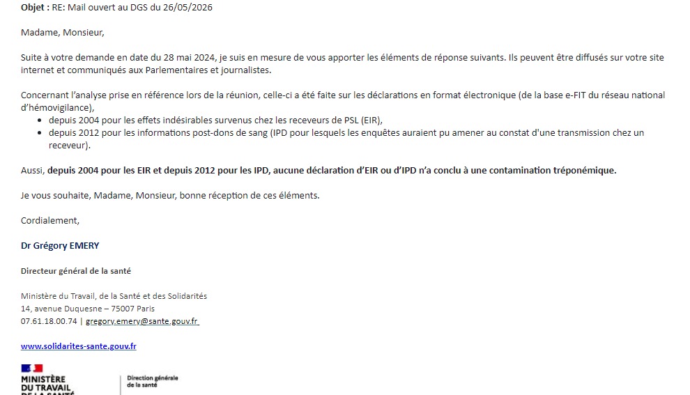 Mail DGS 2024 05 31 absence syphilis transfusion